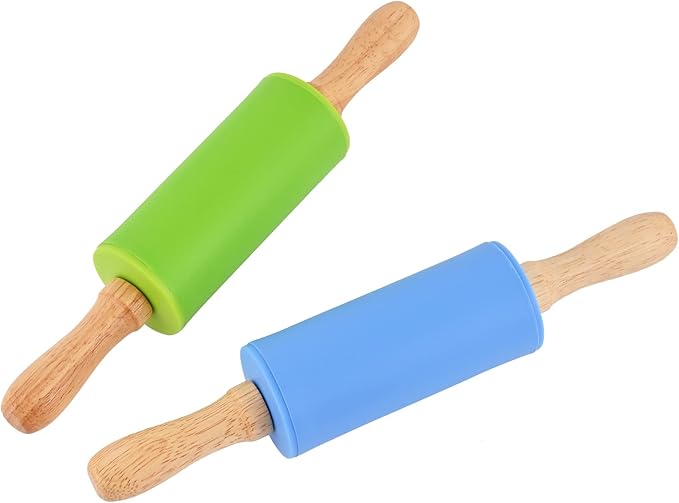 Mini Silicone Rolling Pin for Kids, Non-stick Surface Wood Handle, 9 Inch 2 Pack by Honglida