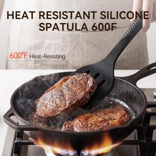 Silicone Cooking Utensils Set - 600°F Heat Resistant, Nonstick Kitchen Utensil Set with Spatulas, Spoons, Whisk, Tongs, BPA Free, Dishwasher Safe, Black