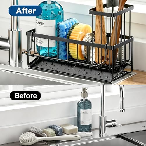 Sponge Holder for Kitchen Sink, Kitchen Sink Caddy, Kitchen Sink Sponge Holder, Dish Sponge Holder, Kitchen Sink Organizer for Sponge, Dish Brush, Scrubber(9.65" x 3.74" x 6.3", Black)