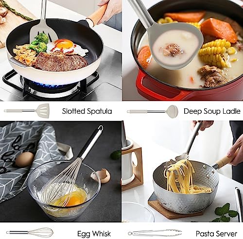 MIBOTE Silicone Kitchen Cooking Utensils Set, Steel Handle, Khaki