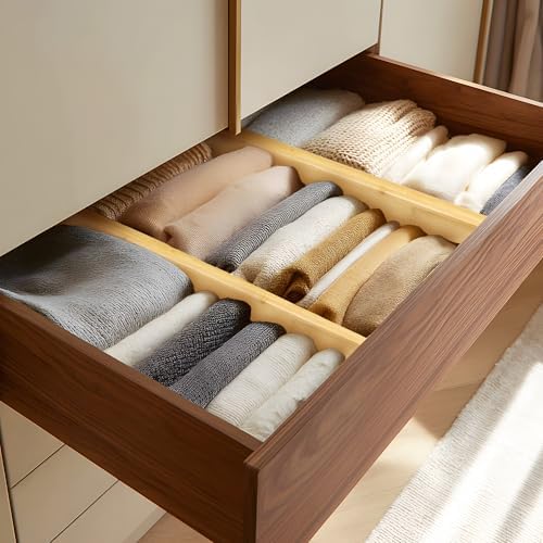VaeFae 6 Pack Bamboo Drawer Dividers, 4" High Adjustable 16.6" - 21.8" Clothes Drawer Organizers, Expandable Separators for Bedroom/Bathroom/Kitchen/Office Storage