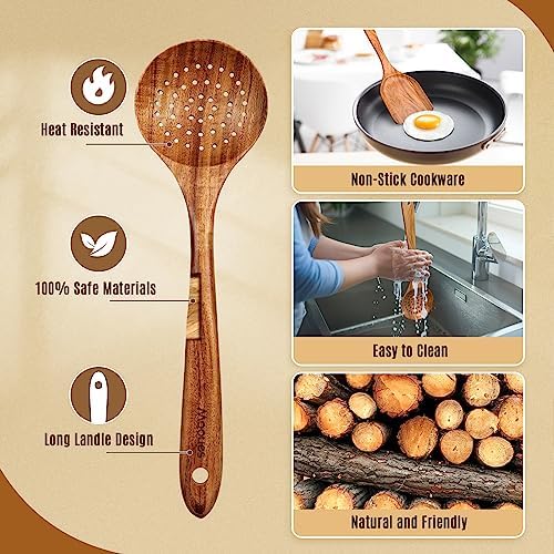 Mooues Wooden Spoons for Cooking, Wooden Utensils for Cooking Natural Teak Wooden Kitchen Utensils Set Comfort Grip (10 PCS SET)