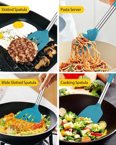 Silicone Kitchen Utensils Set, 8Pcs Cooking Utensils with Holder, Blue
