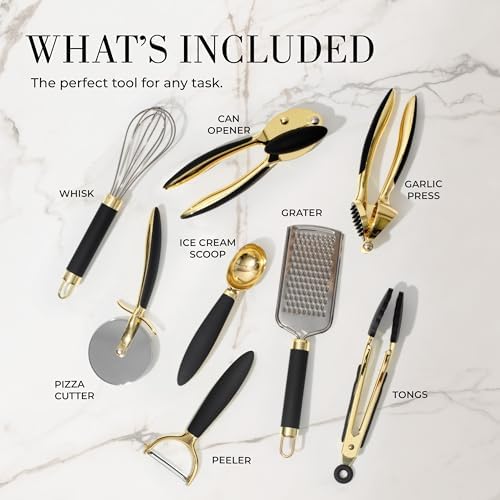 Styled Settings Black and Gold Kitchen Utensils, 8-Piece, Black & Gold