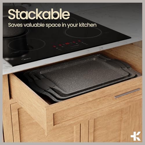 BAKKEN 8-Piece Kitchen Oven Baking Pans Set - Deluxe Nonstick Gray Marble Coating, Professional Grade Carbon Steel Bakeware with Silicone Handles - Oven, Dishwasher, and Freezer Safe