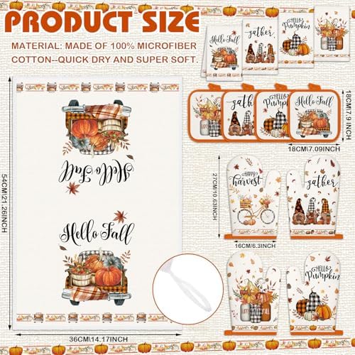 SiliFine 12 Pcs Fall Pumpkin Kitchen Towels Oven Mitts Pot Holders Set