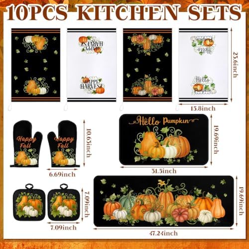 Fanfanwin 10 Pcs Fall Pumpkin Kitchen Decor Set Black Kitchen Rugs Set
