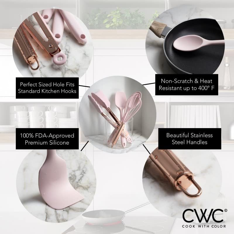 COOK WITH COLOR Silicone Cooking Utensils, Kitchen Utensil Set, Easy to Clean Silicone Kitchen Utensils, Cooking Utensils for Nonstick Cookware, Kitchen Gadgets Set, Standard, Pink