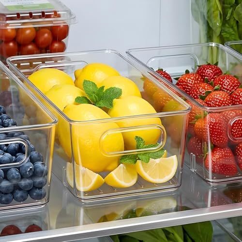 8 Pack Refrigerator Organizer Bins, Clear Storage Bins with 3 Removable Dividers and Handles, Pantry, Freezer, Kitchen Cabinet Organization, Plastic Fridge Organizer for Fruits, Vegetables, Drinks