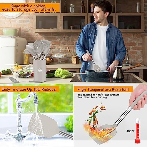 MIBOTE Silicone Kitchen Cooking Utensils Set, Steel Handle, Khaki