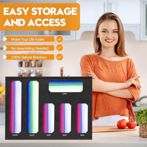 6 in 1 Bamboo Ziplock Bag Storage Organizer, Black Baggie Organizer for Drawer with Sliding Lid - Fits Gallon, Quart, Sandwich, Snack &Freezer Bags, Wall Mountable Kitchen Drawer Organization