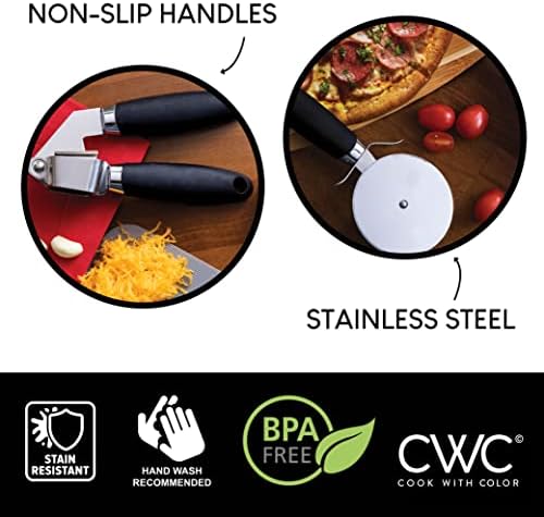COOK WITH COLOR Kitchen Gadget Set Stainless Steel Utensils with Soft Touch Handles, 7 Pieces, Stainless Steel Black
