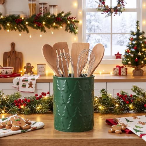 Yungyan Christmas Tree Utensil Holder for Kitchen Holiday, Green, Ceramic