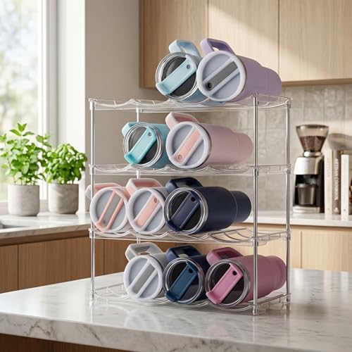 Stackable Water Bottle Organizer 4 Tier Holds 16 Bottles, Storage Rack for Stanley 40oz Cups & Tumblers, Water Bottle Organizer Cabinet Holder for Kitchen, Pantry, Fridge, Shaker Bottle Storage Rack