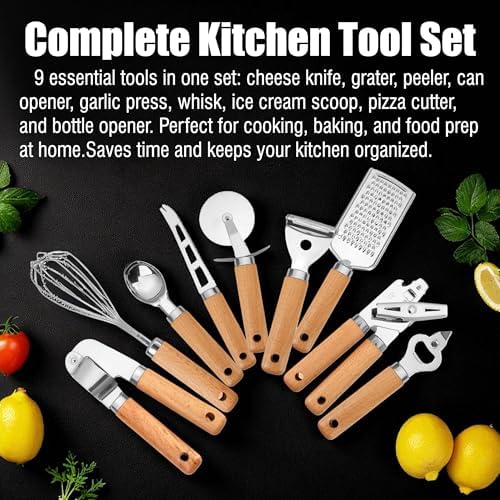 Stainless Steel Kitchen Gadget Set – 9 PCS Western Cooking Utensil & Tool with Wooden Handle: Pizza Cutter, Garlic Press, Can and Bottle Opener, Ice Cream Scoop, Peeler, Cheese Grater and Knife, Whisk