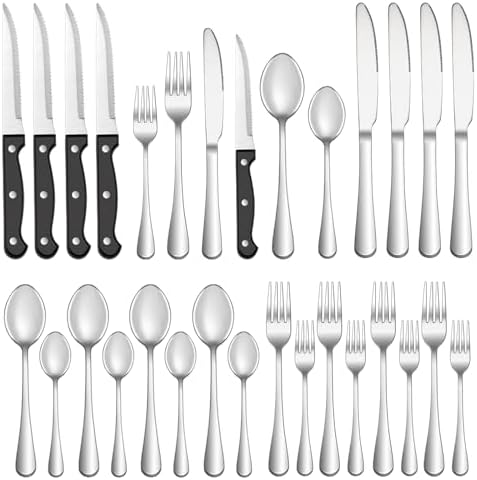 24 Pcs Silverware Set with Steak Knives for 4, Stainless Steel Flatware Set, Mirror Polished Cutlery Utensil Sets, Home Kitchen Eating Tableware, Dishwasher Safe