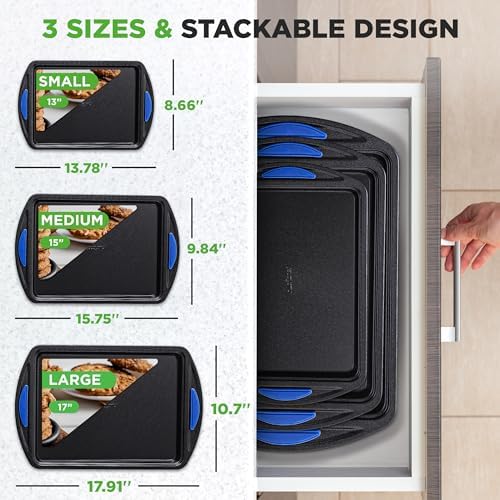 NutriChef 3-Piece Nonstick Cookie Sheets for Baking – Carbon Steel Stackable Bakeware Set w/ Silicone Handles - Non Toxic Baking Pan - Durable & Wrap Resistance, Oven Safe - Easy cleanup