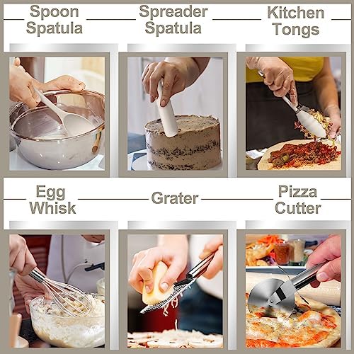 Silicone Kitchen cooking Utensils Set, AIKKIL 43 Pcs Heat Resistant Khaki Cooking Utensils Set, Turner, Tongs, Spoon, Spatula, Kitchen Gadgets Tools Set For Nonstick Cookware(Dishwasher, BPA Free)