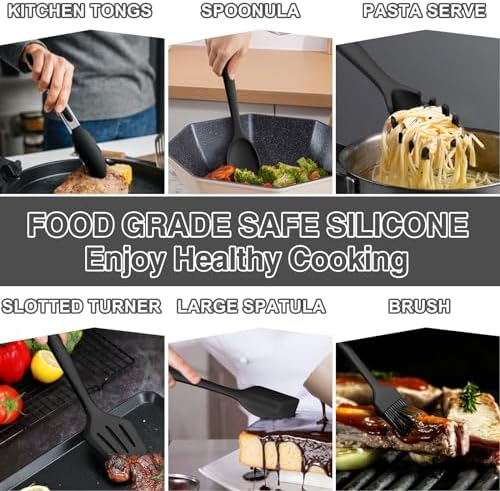 Silicone Kitchen Utensils Set, Umite Chef 22Pcs Cooking Utensils Spatula Set, Heat Resistant Non-Stick Silicone, Dishwasher Safe Cooking Gadgets Tools Set(Black)