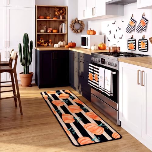 Fanfanwin 10 Pcs Fall Pumpkin Kitchen Decor Set Kitchen Towels Pot Holders Oven Mitts and Rugs Set Thanksgiving Towels for Baking Cooking BBQ Autumn Home(Stripe Pumpkins,Black, White, Orange,10)