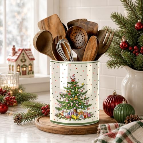 Christmas Tree Green Kitchen Utensil Holder, Xmas Winter Large Ceramic Utensil Holder For Countertop Organizer, 6.3'' Cooking Utensil Crocks Festivel Decor Utensil Storage Cup for Kitchen