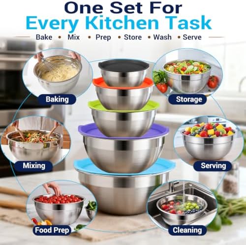 WEPSEN Mixing Bowls with Lid Set, 25PCS Kitchen Utensils Metal Bowl Stainless Steel Nesting Bowls, Measuring Cups and Spoons, Egg Whisk for Baking Prepping Cooking Serving Supplies