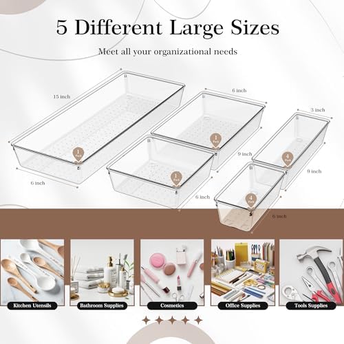 Criusia 11 PCS Clear Plastic Drawer Organizer Set - 5 Large Size Versatile Kitchen and Bathroom Organizer Trays, Non-Slip Storage Bins for Makeup, Utensils, Tool and Office Desk