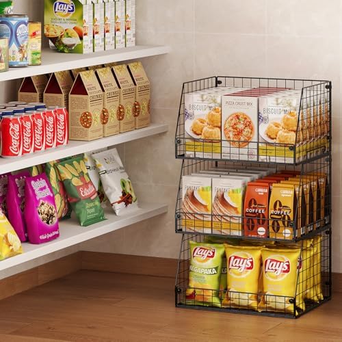 3 Pack XXL Stackable Wire Baskets, Large Storage Bins for Onion, Potato, Vegetable, Fruit, Snack, Pantry Baskets for Kitchen Cabinet Countertop, Pantry Organizers and Storage Solutions