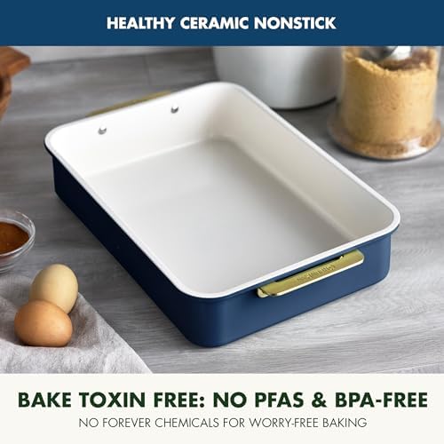 GreenPan Bakeware 13” x 9” Rectangular Cake Pan, Ceramic Nonstick Baking Pan, PFAS & BPA Free, Gold Handles, Durable Steel, Freezer to Oven Dish, Scratch Resistant, Bake & Roast Ovenware, Oxford Blue