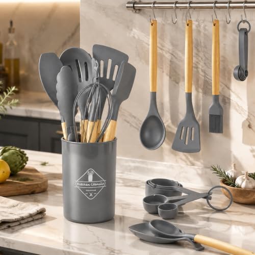 33 Pcs Silicone Kitchen Cooking Utensils Set, Wood Handle & Holder