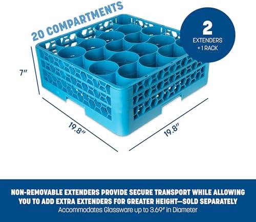 Carlisle FoodService Products RW20-114 OptiClean NeWave Polypropylene 20-Compartment Glass Rack with 2 Extenders, 19-3/4" Length x 19-3/4" Width x 7.12" Height, Blue (Case of 3)