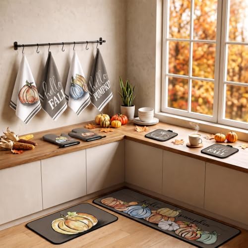 Fanfanwin 10 Pcs Fall Pumpkin Kitchen Decor Set Kitchen Towels Pot Holders Oven Mitts and Rugs Set Thanksgiving Towels for Baking Cooking BBQ Autumn Home(Minimalist Style Pumpkin,Light Brown,10)