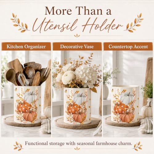 Fall Pumpkin Utensil Holder, Orange Autumn Decor Large Ceramic Utensil Holder For Kitchen Organizer, Farm 6.3'' Cooking Utensil Crocks Rustic Decor Utensil Storage Cup for Countertop