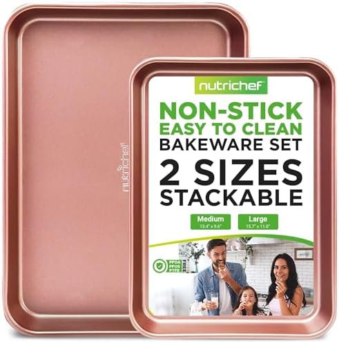 NutriChef Nonstick Cookie Sheet Baking Pan - 2pc Large & Medium Metal Oven Baking Tray, Professional Quality Kitchen Cooking Non-Stick Bake Trays w/ Rimmed Borders, Rose Gold