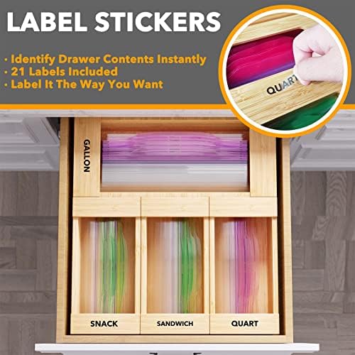 SpaceAid Bag Storage Organizer for Kitchen Drawer, Bamboo Organizer, Compatible with Gallon, Quart, Sandwich and Snack Variety Size Bag (4 Pack), 2.5" High