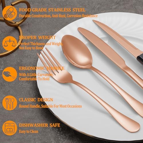 48 Pcs Rose Gold Silverware Set with Steak Knives, Stainless Steel Flatware Cutlery Set for 8, Kitchen Tableware Sets, Utensil Sets for Home and Restaurant, Dishwasher Safe