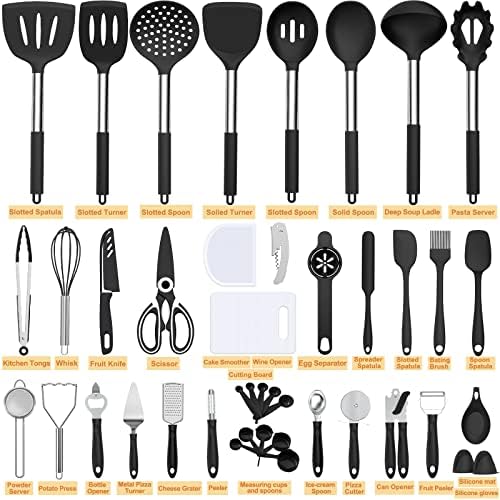 Silicone Cooking Kitchen Utensil Set, Umite Chef 43 PCS Heat Resistant Kitchen Utensils Gadget Set-Stainless Steel Handle- Kitchen Spatula Tools for Nonstick Cookware, Kitchen Accessories(Black)