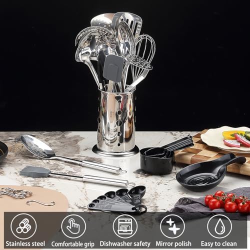 Kitchen Utensils Set, 39 Pieces Stainless Steel Cooking Utensils Set, Spoon Spatula Set with Sturdy Stainless Steel Utensil Holder, Dishwasher Safe