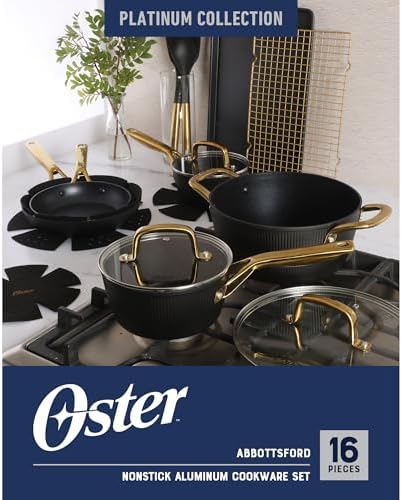 Oster Platinum Abbottsford 16 Piece Aluminum Pots and Pans PFA Free Ceramic Non stick Induction Kitchen Cookware Set - Black W/Gold
