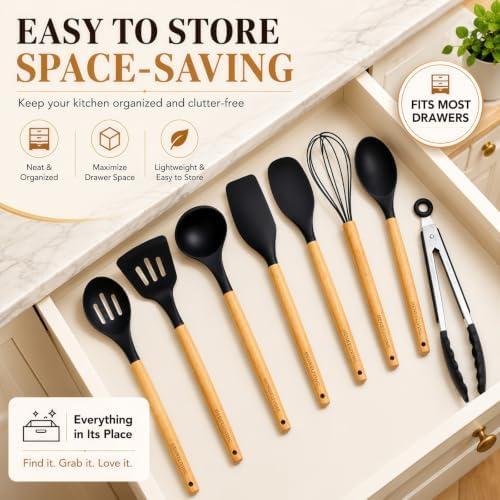 Silicone 10 Pcs Kitchen Cooking Utensils Set, Recycled Materials Certification, BPA Free Spatula Set with Heat Resistant Wood Handles for Nonstick Cookware, Black
