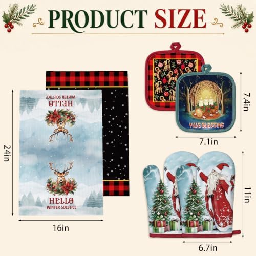 FoldTier 6 Pcs Yule Kitchen Decor Set Christmas Towel Pot Holder Oven Mitts