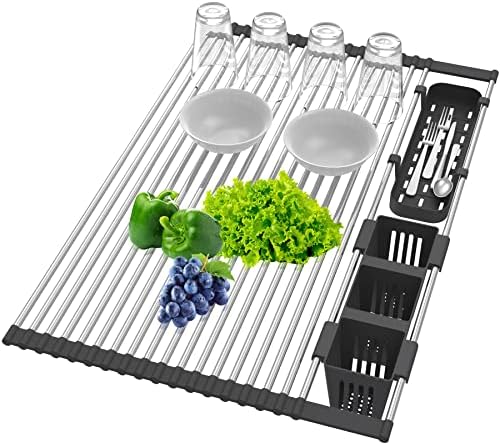 BBXTYLY Extra Large Black Expandable Roll Up Dish Drying Rack Up to 22.8''with 2 Storage Baskets,Over The Sink Kitchen Rolling up Dishes Drainer, Foldable,Rollable