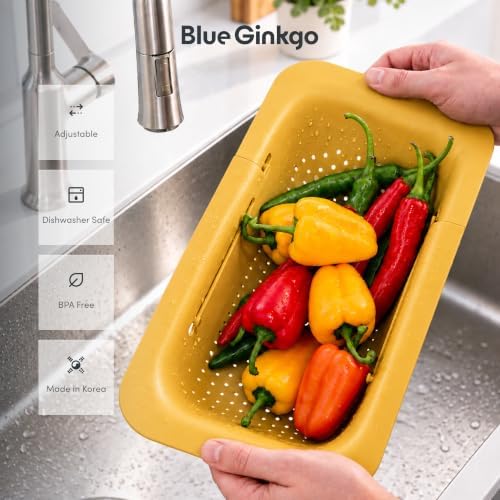 Blue Ginkgo Over Sink Colander, Extendable Kitchen Strainer, Yellow