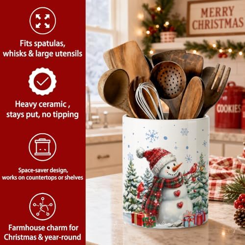 Christmas Snowman Ceramic Utensil Crock, Farmhouse Xmas Kitchen Utensil Holder, Christmas Decor Caddy for Spatulas & Baking Gadgets Storage Organizer, Winter Snowman with Cardinal Birds