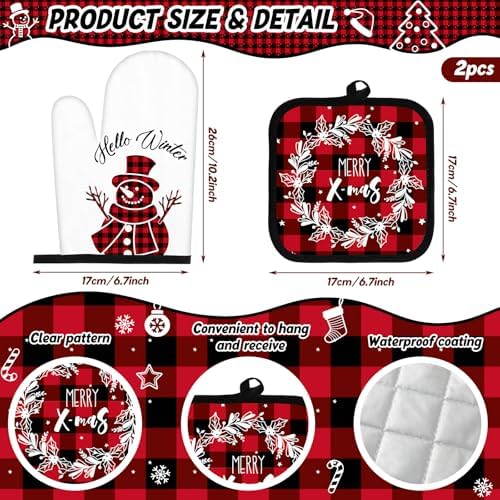 Pickmesh 12 Pcs Christmas Kitchen Towels and Oven Mitt Sets 4 Buffalo Oven Mitts 4 Snowman Dish Towels and 4 Plaid Pot Holders Xmas Tree Cooking Accessories for Winter Holiday Decoration Home Baking