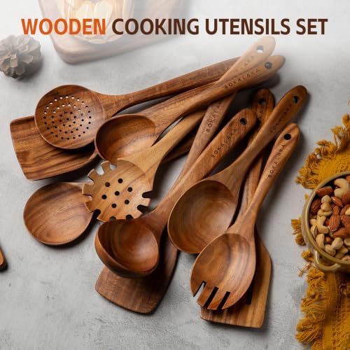 Wooden Spoons for Cooking,10 Pcs Natural Teak Wooden Kitchen Utensils Set Wooden Utensils for Cooking Wooden Cooking Utensils Wooden Spatulas for Cooking (10)