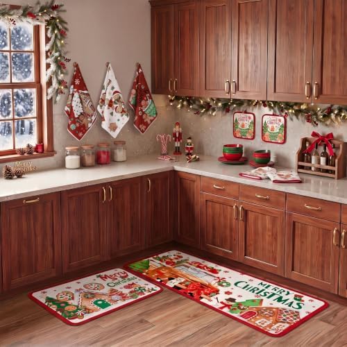 Fanfanwin 10 Pcs Christmas Gingerbread Man Kitchen Decor and Accessories Set Kitchen Towels Pot Holders Oven Mitts and Rugs for Baking Cooking BBQ Mom Housewarming Gifts