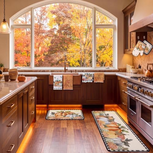 Fanfanwin 10 Pcs Fall Pumpkin Kitchen Decor Set Kitchen Towels Pot Holders Oven Mitts and Rugs Set Thanksgiving Towels for Baking Cooking BBQ Autumn Home(Vintage,Beige, Orange,10)