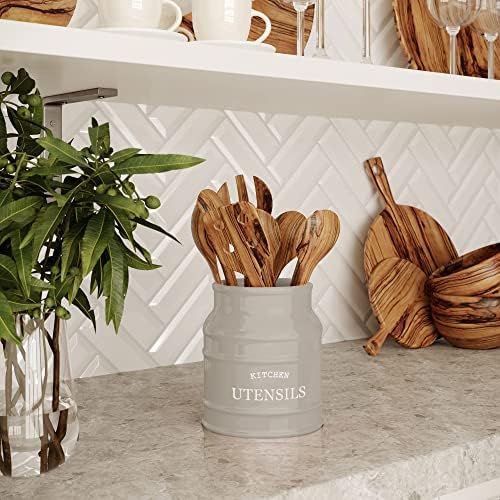 Barnyard Designs Ceramic Kitchen Utensil Holder Countertop 6.75″ (Taupe)