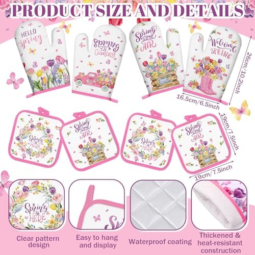 SiliFine 12 Pcs Spring Kitchen Accessories Set Floral Kitchen Towels Oven Mitts and Pot Holders, Hello Spring Decorations with Tulips and Trucks for Cooking, Baking, Home Decorations